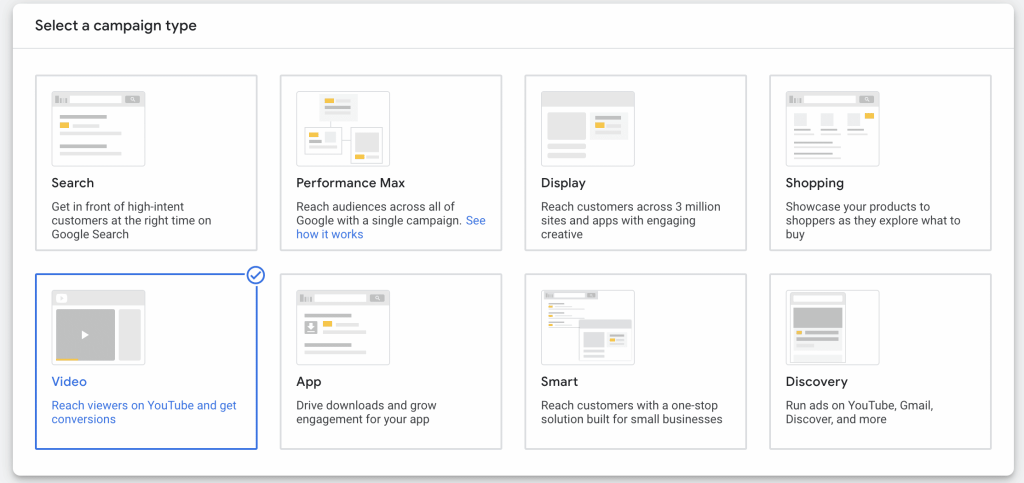 Selecting the YouTube ads campaign type