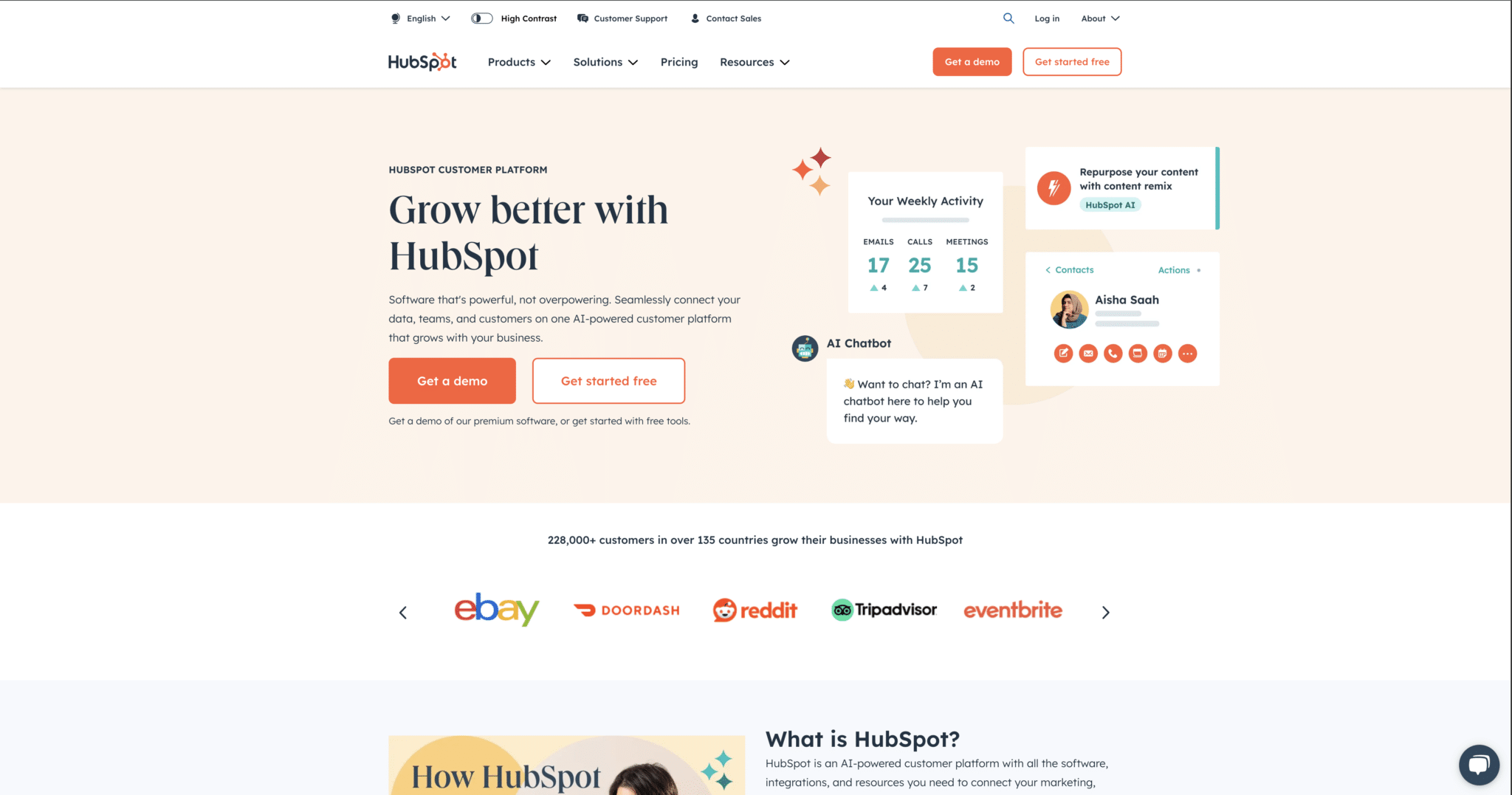 2024 homepage screenshot of HubSpot a client relationship management tool or CRM for short