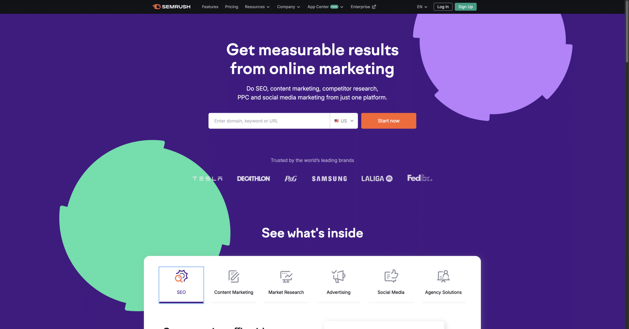 2024 homepage screenshot of SEMRush a digital marketing and competitor insights tool