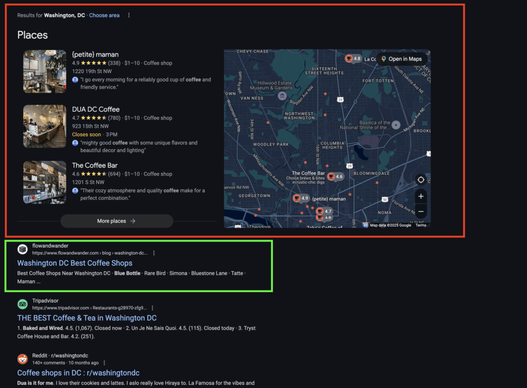 Notice the difference in colors. The top in red is the Google Map Pack whereas the bottom in Green are the "traditional" SEO search results.
